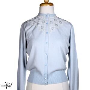 Vintage Beaded Sweater Blue Cardigan w Silver White Design B38 W28-30" - Hey Viv
